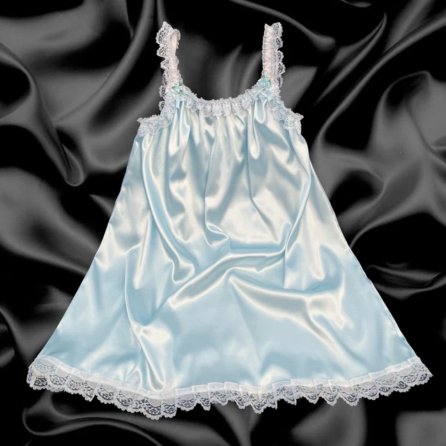BABY BLUE SATIN Sissy Ruffle Frilly Bows Baby Doll Nighty Lingerie Size