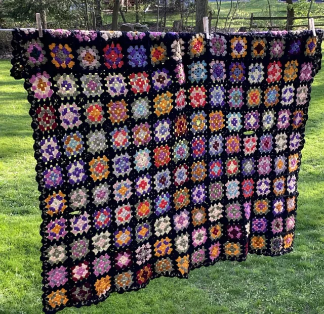 Early Granny Square Black Afghan Crochet Throw Blanket Roseanne X