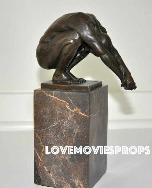 BRONZE MARBLE BASE Sculpture Nude Man Pose Statue Figurine Office Art