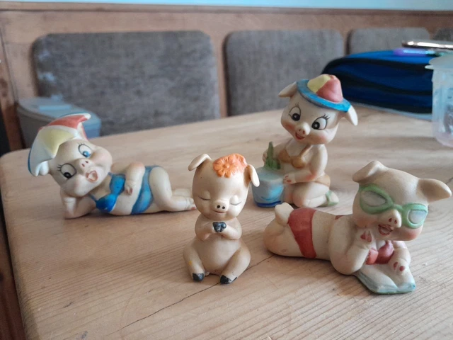 4 X VINTAGE Porcelain Pig Figurine In Bikini Beach Baby ORNAMENT