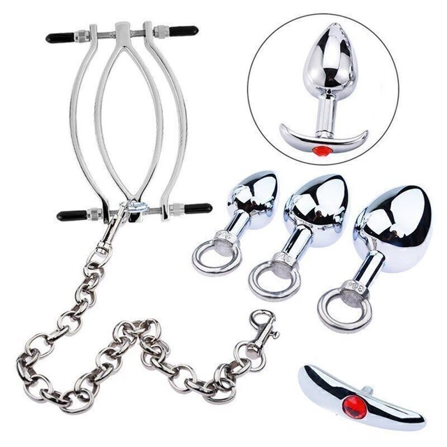 METAL KIT SET ANAL SEX PLUG VAGINA SPREADER CLAMP WITH CHAIN BDSM