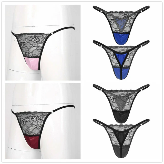 SEXY HERREN SISSY Spitzen Satin Slip Panty Transparent Bikini Tanga
