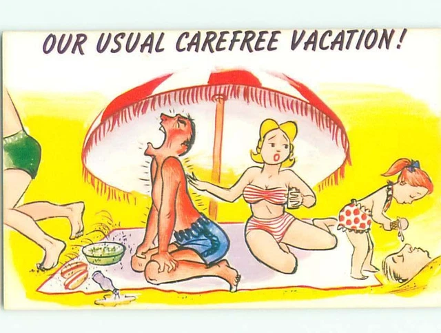 PRE RISQUE COMIC BIKINI GIRL TOUCHES SUNBURN ON BACK Clearance AB PicClick CA