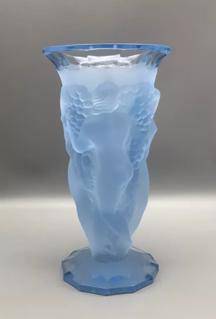 ART DECO NUDE Women Figural Bacchantes Glass Frosted Crystal Blue Vase