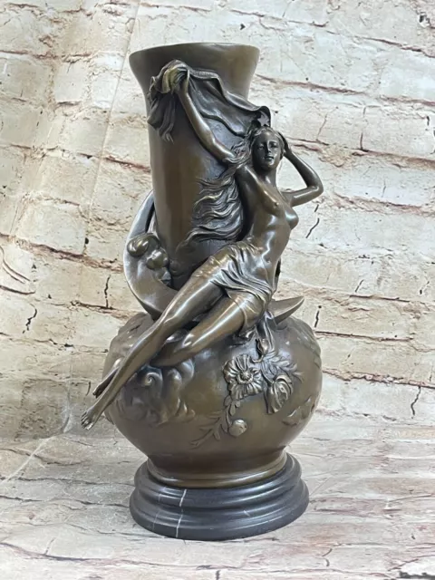 BRONZE SCULPTURE COLLECTIBLE Statue Special Patina Nude Nymph Vase