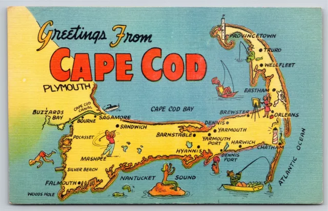 MAP OF CAPE Cod MA Peninsula Cape Cod Bay Beaches Lighthouses Vintage