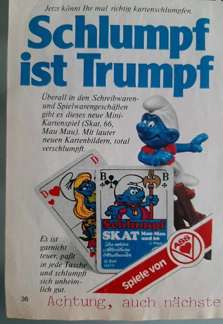 SELTENE ALTE WERBUNG ASS SCHLUMPF SKAT Schlumpf ist Trumpf Schlümpfe