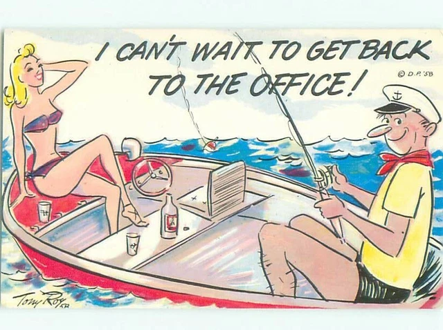 PRE RISQUE COMIC SEXY BIKINI GIRL WITH MAN IN FISHING BOAT AB