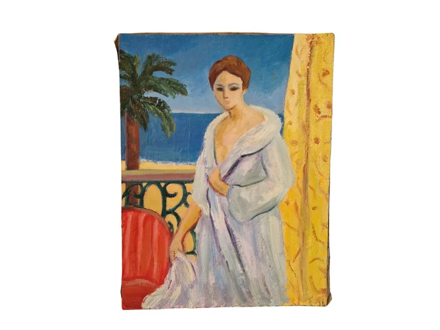 VINTAGE MID CENTURY French Nude Woman In Robe Oil Painting On Canvas Unframed PicClick UK