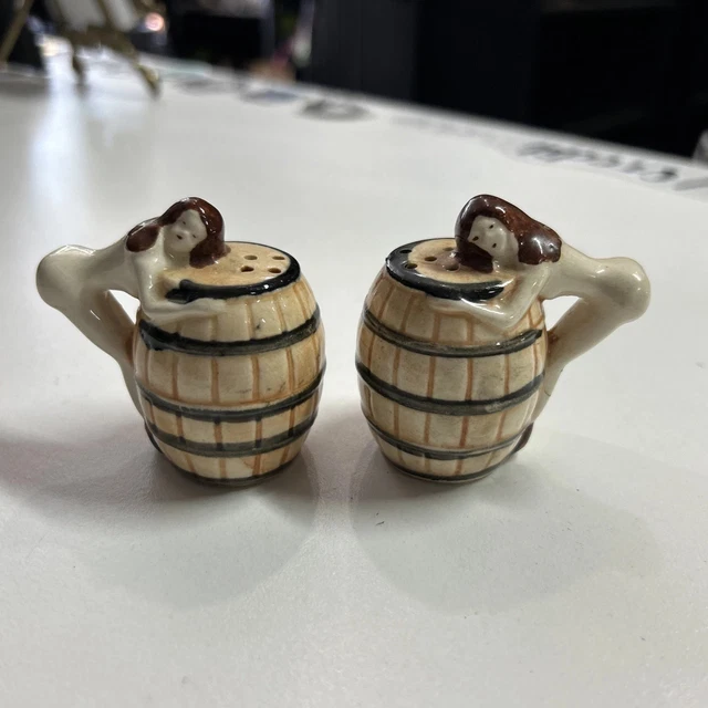 VINTAGE RISQUE PIN Up Naked Lady Over A Whiskey Barrel Salt Pepper