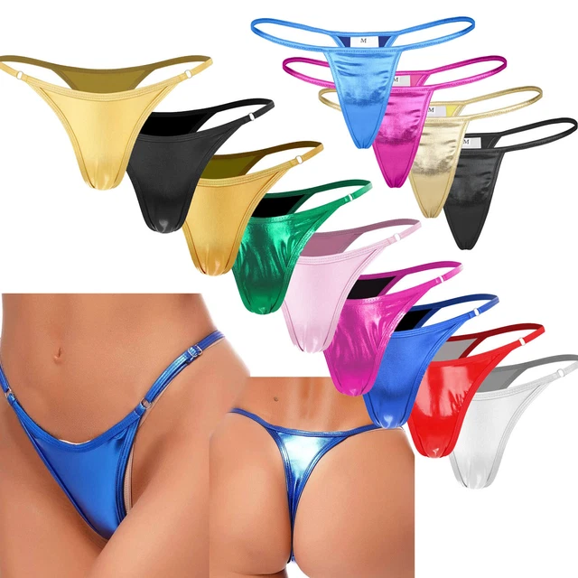 DE DAMEN WETLOOK Mini String G String Tanga T Back Metallic Micro Bikini Slips EUR