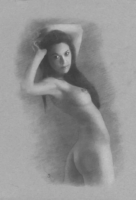 Nude Female Pinup Original Drawing Charcoal Art Realism Naked Woman No