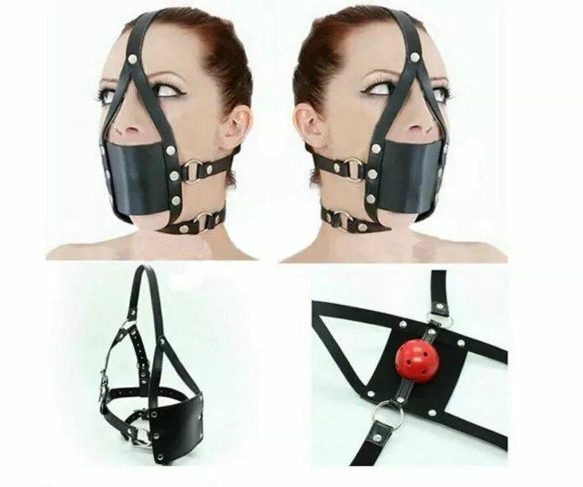 OPEN MOUTH GAG Hood Mask Blindfold Head Harness Bondage Kit Adult Slave