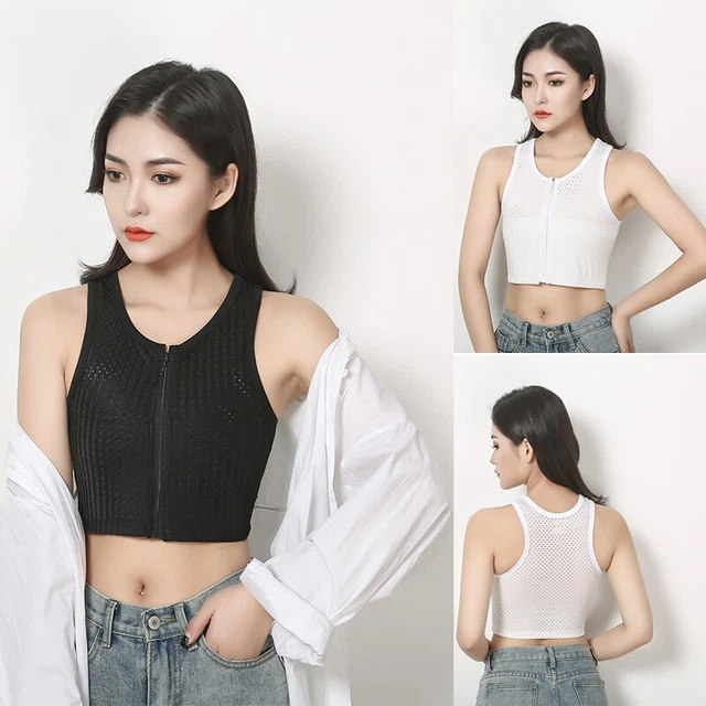 WOMEN LESBIAN TOMBOY FTM Zip Chest Breast Binder Bra Vest Crop Top