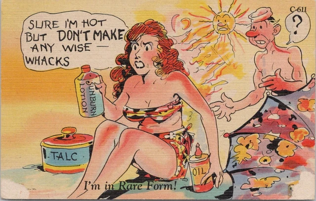 COMIC PC Risque Woman In Bikini Man Rubbing Suntan Lotion Sure I M Hot S PicClick UK