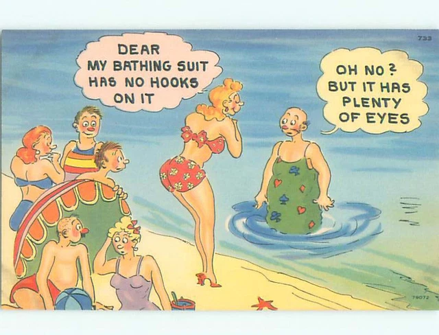 LINEN ISH RISQUE MAN LOOKING AT BIKINI GIRL ON SHORELINE Make An Offer AB PicClick CA