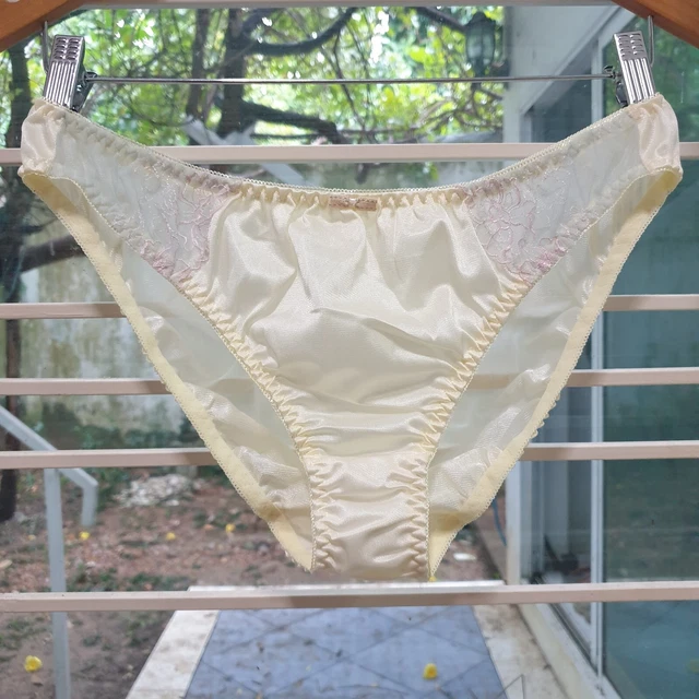 SILKY NYLON PANTY Sheer Yellow Bikini Sissy Lace VTG Brief Size 7 L Hip