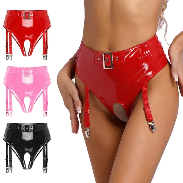 SEXY DAMEN WETLOOK Lack Optik Panty Ouvertslip Mit Strumpfband Panties Hot Pants EUR 16 66