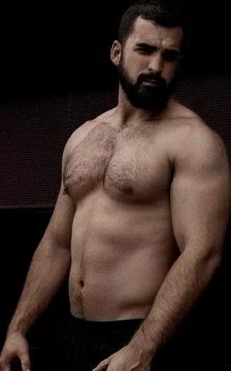 Shirtless Male Muscular Beefcake Hairy Pumped Chest Beard Stud Photo