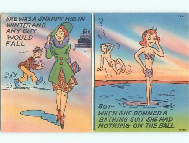 LINEN ISH RISQUE GIRL IN HER WINTER AND SUMMER BIKINI CLOTHING AB