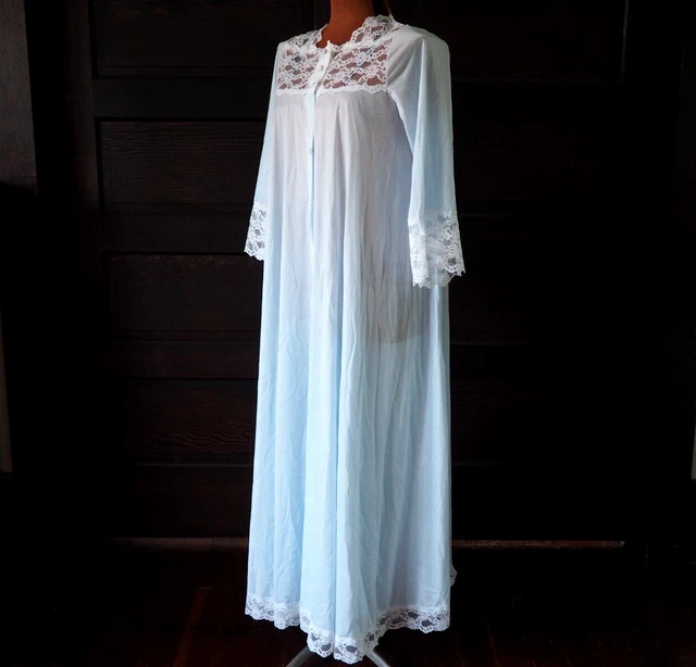 VTG S MISS Elaine Blue White Lace Sheer Chemise Lingerie Nightgown Button Sz M