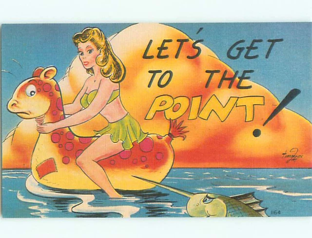 UNUSED LINEN RISQUE Signed SEXY BIKINI GIRL WITH SWORDFISH Clearance