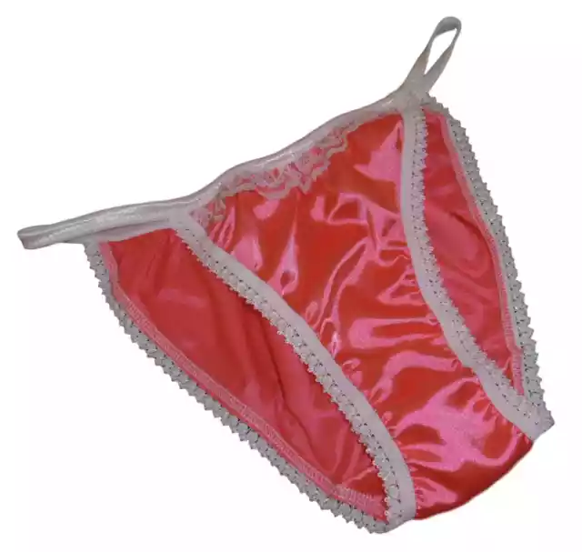 Coral Pink Shiny Satin Panties Tanga String Bikini Ivory Lace Made In