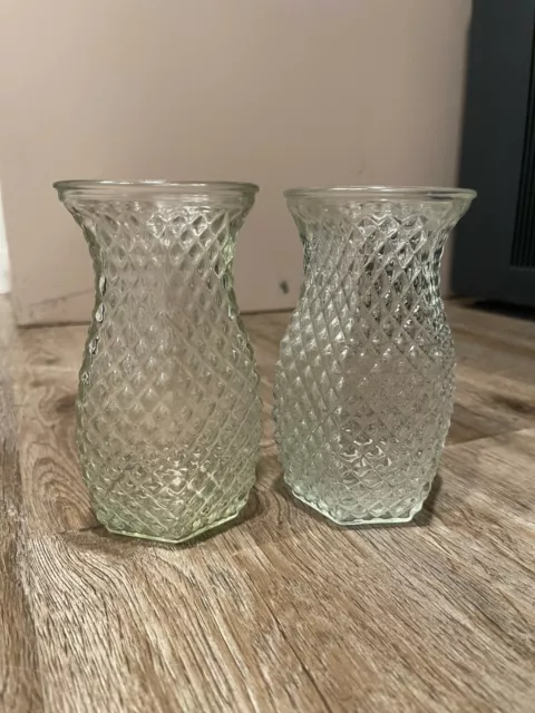 VINTAGE HOOSIER DIAMOND Hobnail Clear Glass Vase 4071 Faceted Pair 19
