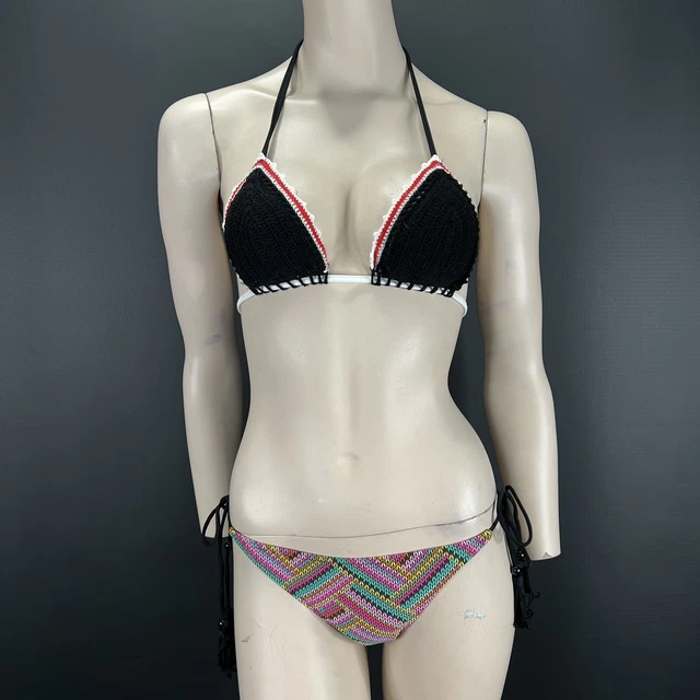 WOMENS MICRO BIKINI Set Black Crochet Triangle Halter Chevron Tie