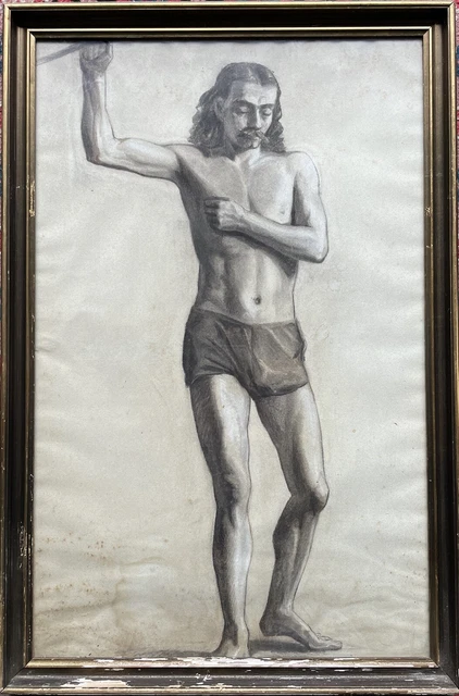 ANTIQUE CHARCOAL DRAWING Anonymous Portrait Male Half Nude Study Um