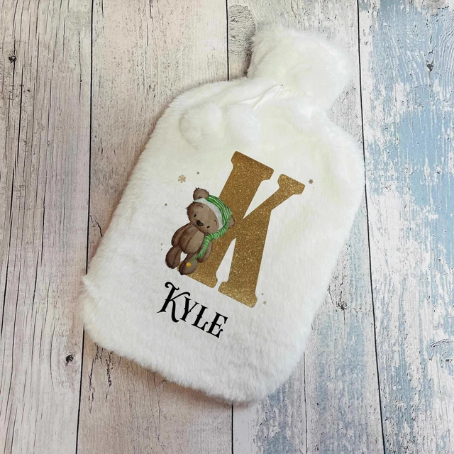 Personalised Hot Water Bottle Faux Fur Cover Christmas Gift Elf Bear