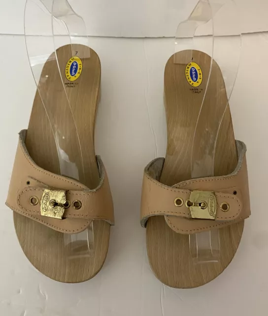 VINTAGE DR SCHOLLS Original Sandals Size 7 Tan Clogs Exercise Wooden