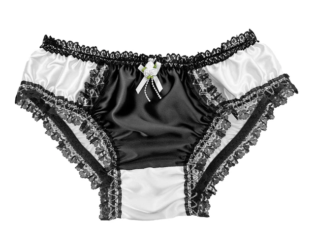 BLACK WHITE SATIN Frilly Sissy Full Panties Bikini Knicker Underwear
