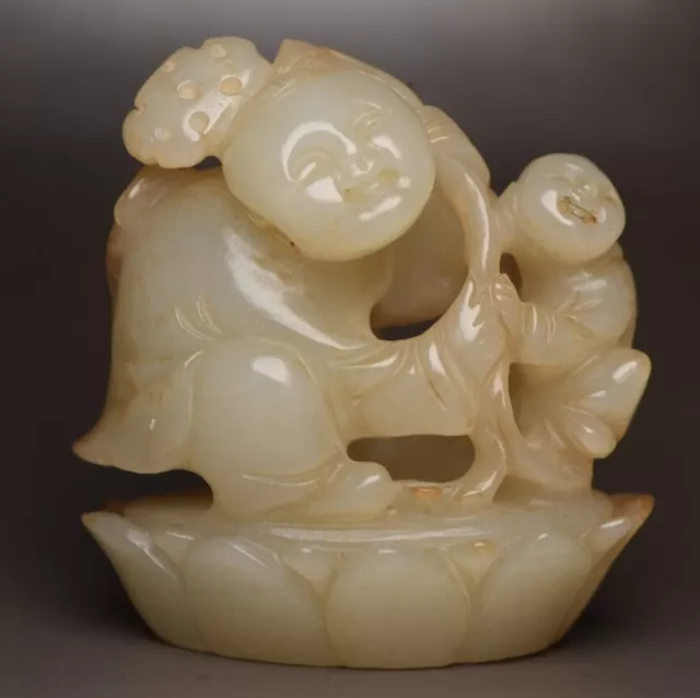 Chinese Natural Hetian Jade Hand Carved Exquisite Lotus Children Statue Collect