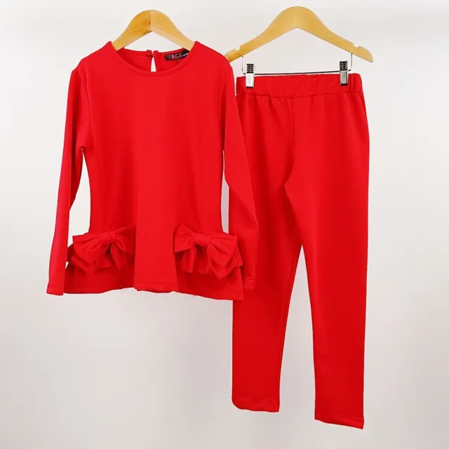 Girls Spanish Style Christmas Red Double Bow Top & Leggings Tracksuit Loungewear