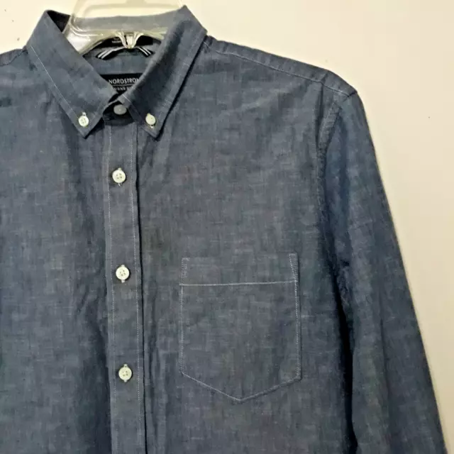 Nordstrom Trim Fit Button Down Shirt Dark Blue Chambray Men's Size L 2