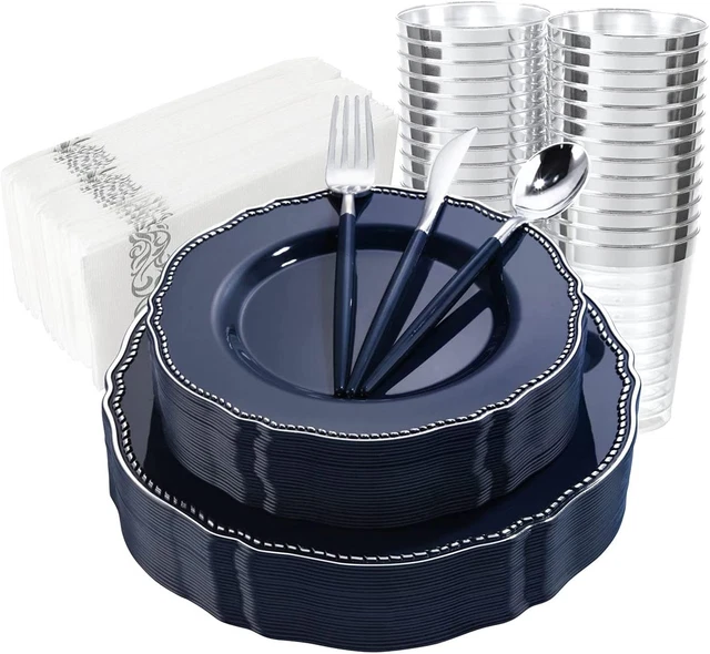175Pcs Blue Plastic Plates&Silver Plastic Silverware with Blue Handle I