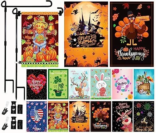 Seasonal Garden Flags Set of 12 and Garden Flag Stand-Holder-Pole Double Side...