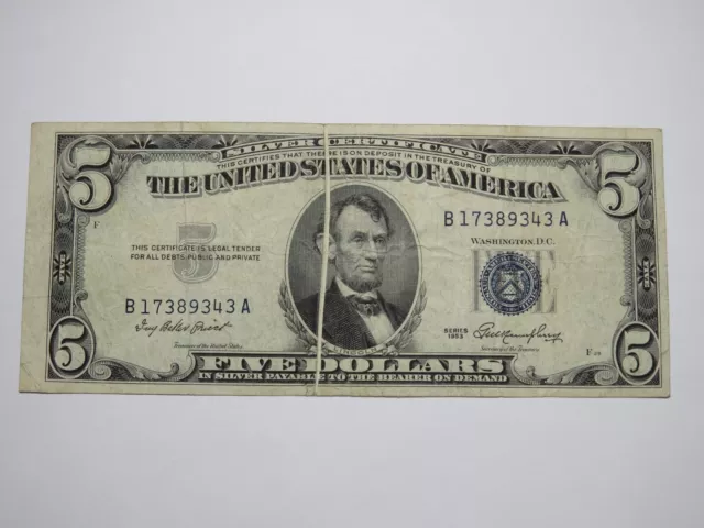 $5 1953 Silver Certificate Gutter Fold Error Bank Note Bill Blue Seal FINE+