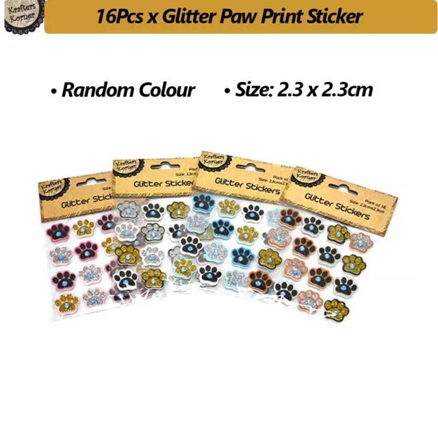 16 x Glitter Paw Print Stickers Craft DIY Self Adhesive Scrapbooking Making Card