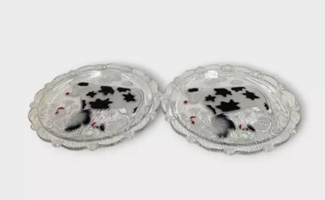 Pair of Coloured Glass Side Plates, Farm Animals Cow & Chickens 22.5cm