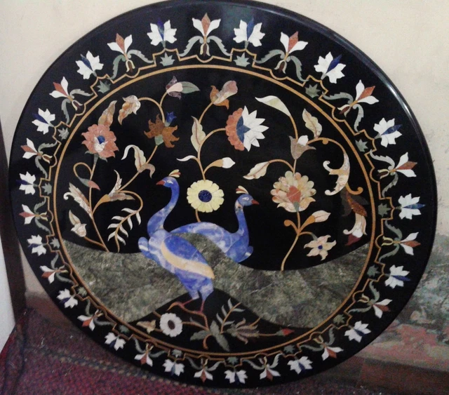 36 Inches Black Marble Dining Table Top Peacock Pattern Inlay Work Meeting Table