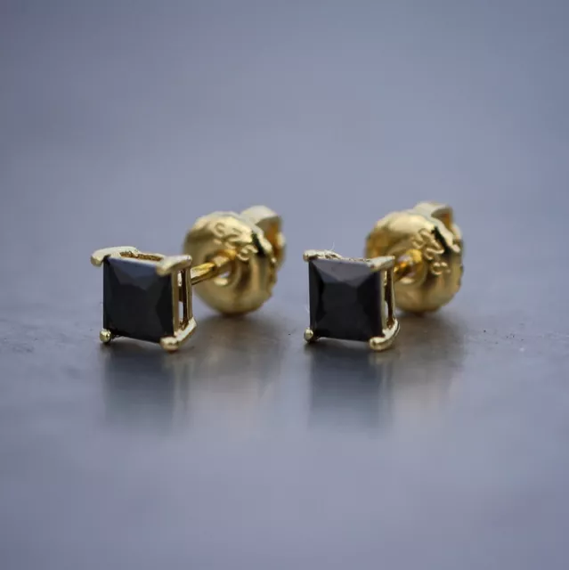 14K Gold Plated Men's Black Onyx Cz Princess Cut Stud Screw Back Post Earrings