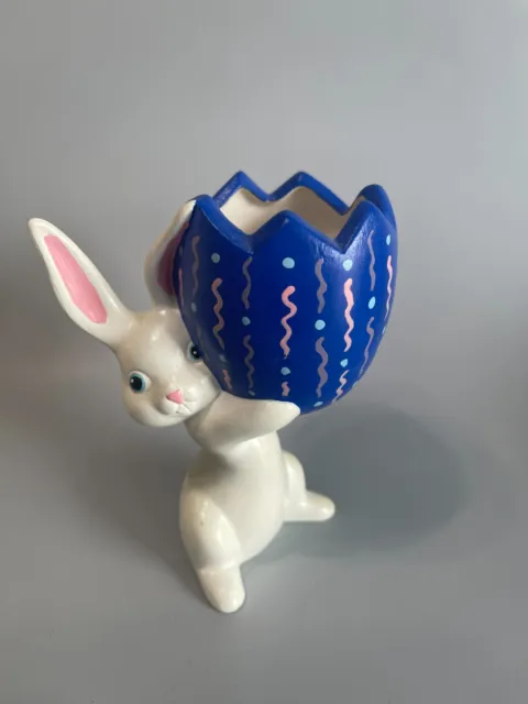 Art Pottery Ceramic Easter Bunny Rabbit Jelly Bean Dish Figurine Statue Signed