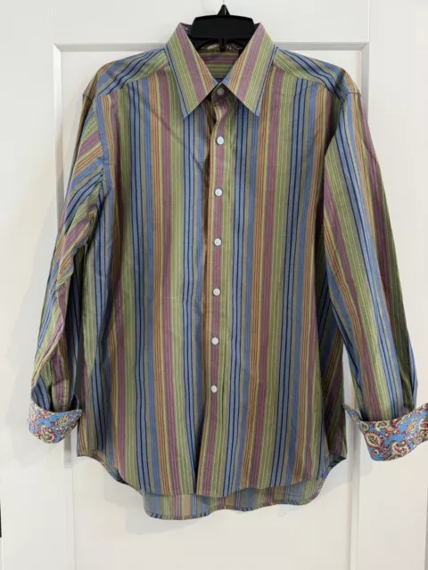 Robert Graham Flip Cuff Button Up Long Sleeve Striped Color Shirt Men's Medium