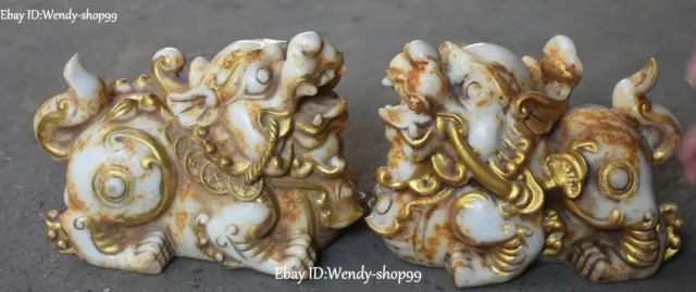 China Old Jade Gilt Carving Wealth Money Guardian Dragon Pixiu Beast Statue Pair