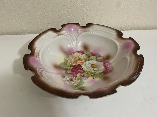 Vintage Antique Porcelain Centerpiece Bowl w/ Floral Decoration & Beaded Design