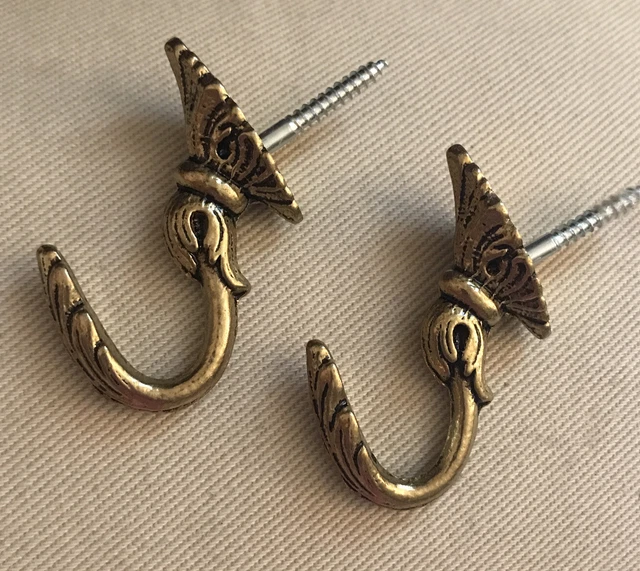 2 Vintage Hooks French Brass Drapery Curtain Holdback Towel Furniture Gold 1 ½”