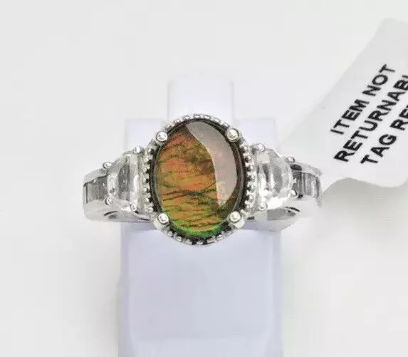 Aa Ammolite & Topaze Argent Sterling Gemstone Ring Taille N USA 6.75 Idée Cadeau