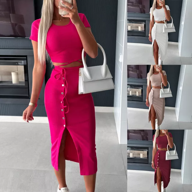 Donna Midi Top Gonna Set Due Pezzi Abito Donna Festa Tubino Coordinato Tuta Da